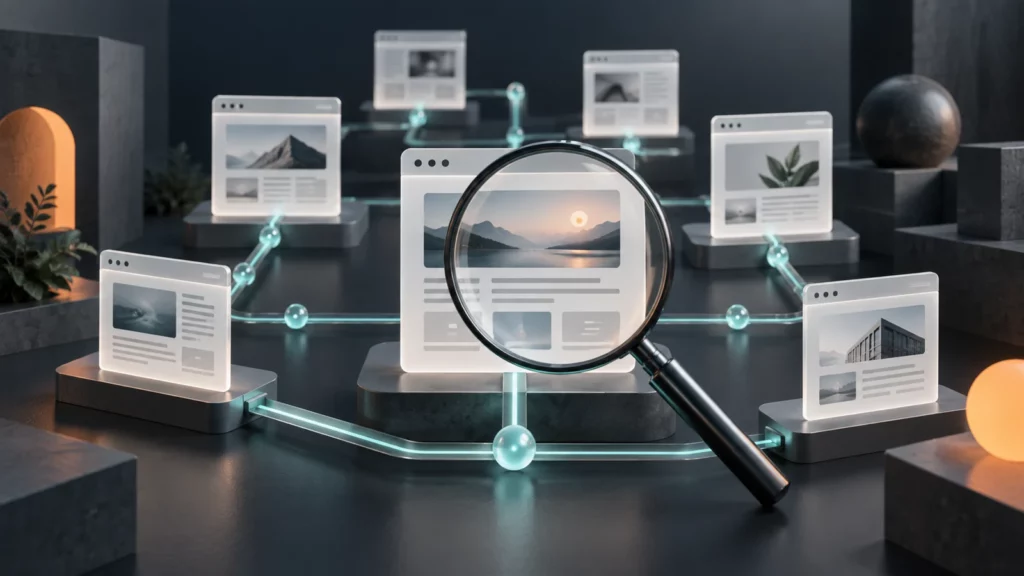 KI-Illustration: Eine Lupe betrachtet miteinander verbundene Webseitenkarten als Symbol für technisches SEO.