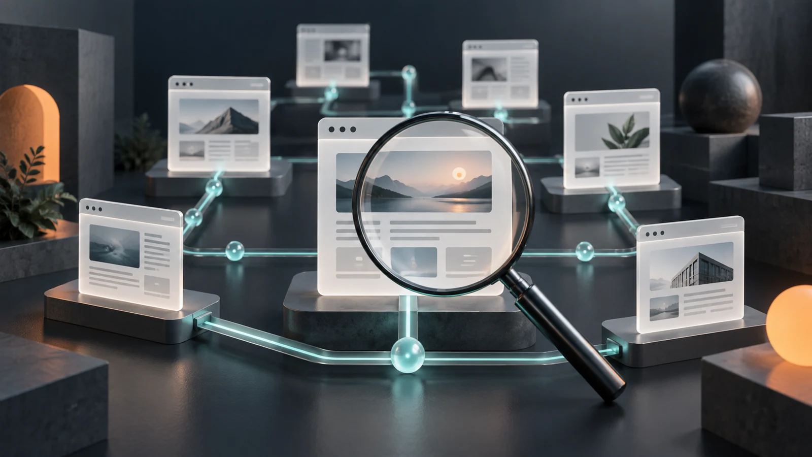 KI-Illustration: Eine Lupe betrachtet miteinander verbundene Webseitenkarten als Symbol für technisches SEO.