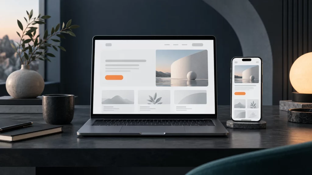 KI-Illustration: Laptop und Smartphone zeigen vereinfachte, aufeinander abgestimmte Website-Layouts.