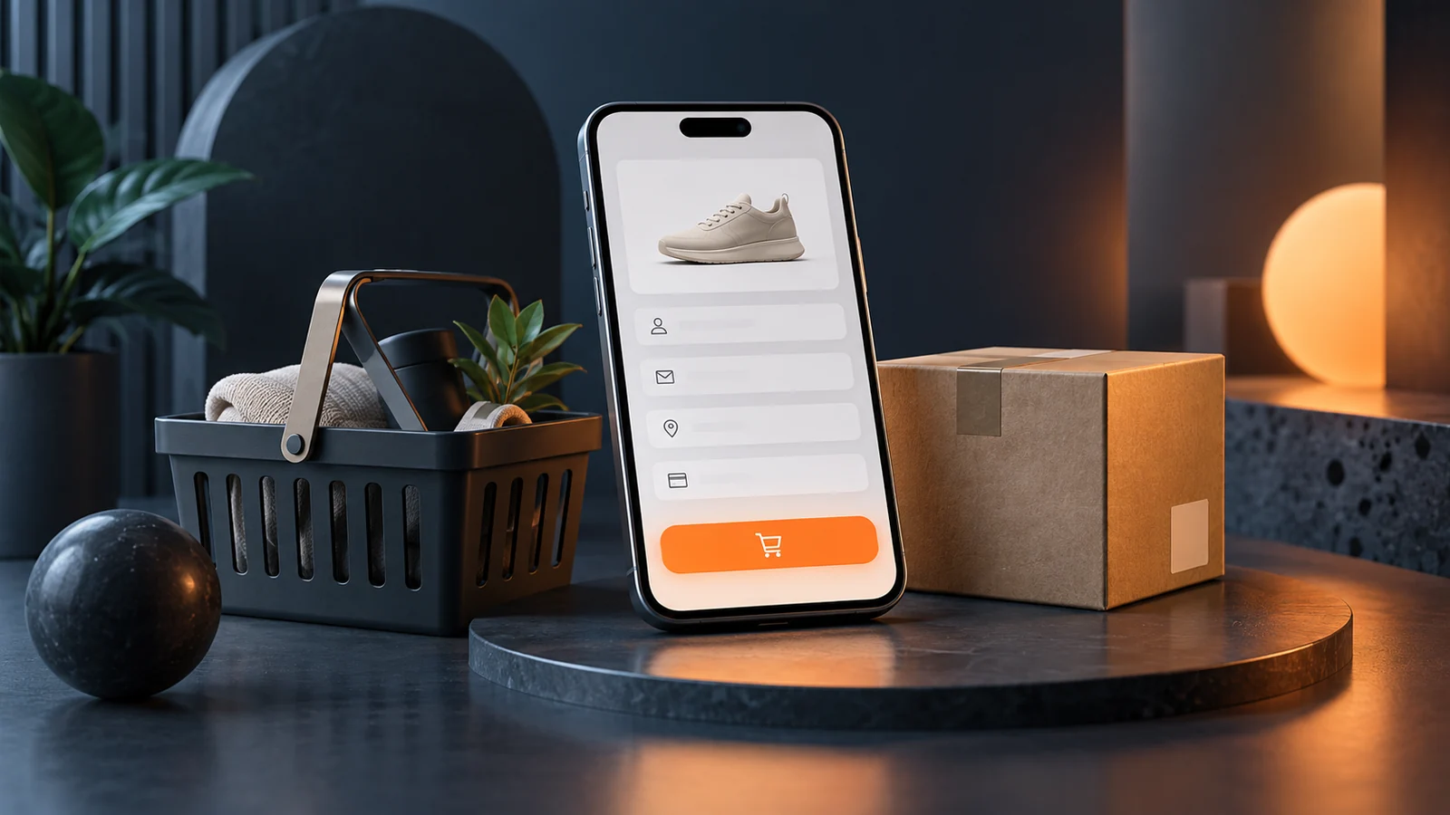 KI-Illustration: Smartphone mit schematischem Bestellformular neben Warenkorb und Versandpaket.