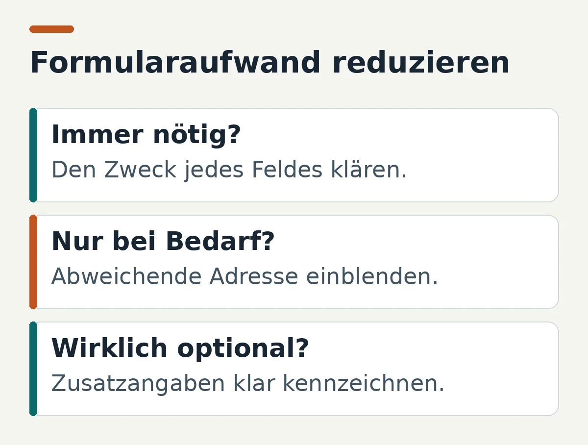 Drei Fragen zum Optimieren von Checkout-Formularen: notwendige Felder, bedingte Adressangaben und klar erkennbare optionale Angaben.
