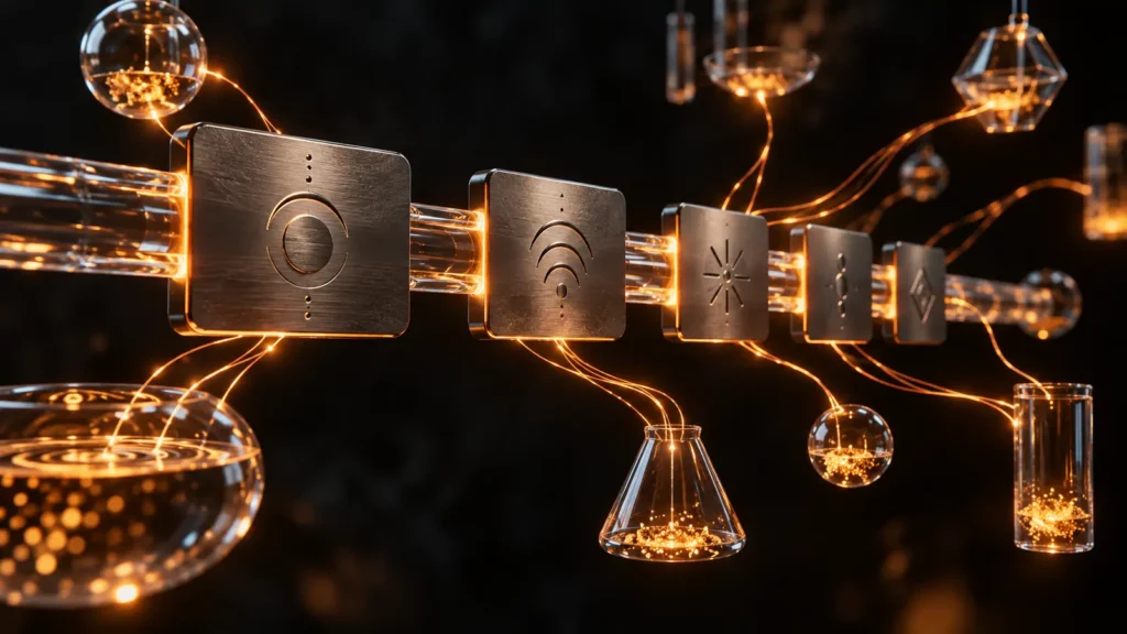 KI-Illustration zu UTM-Parametern: Glasstab mit angehefteten Etiketten als Symbol für gekennzeichnete Kampagnenlinks, orangefarbene Lichtakzente