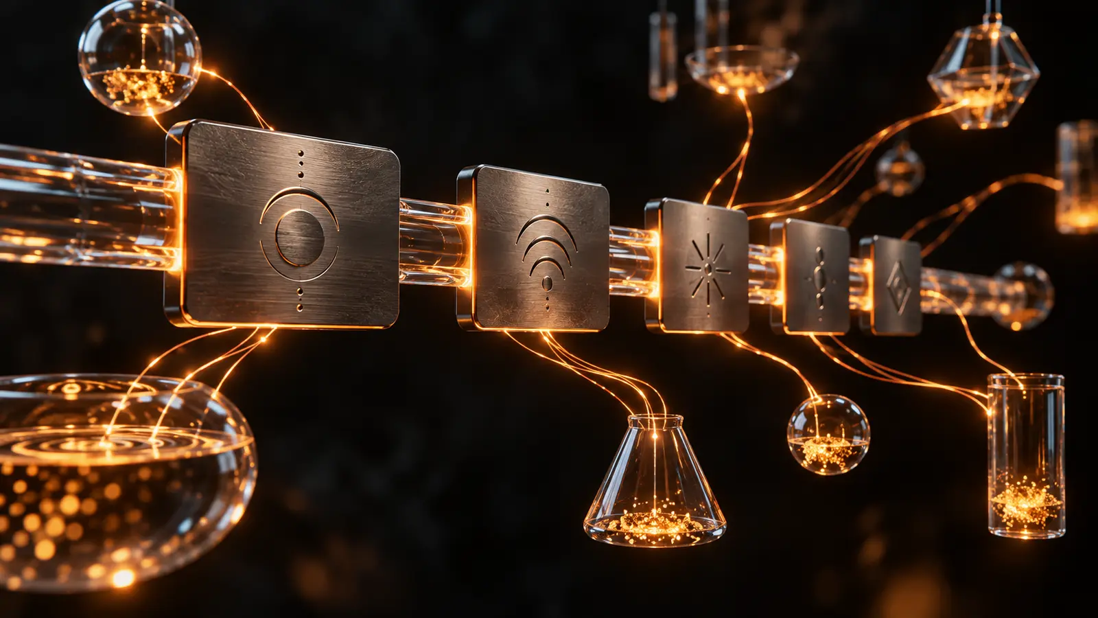 KI-Illustration zu UTM-Parametern: Glasstab mit angehefteten Etiketten als Symbol für gekennzeichnete Kampagnenlinks, orangefarbene Lichtakzente