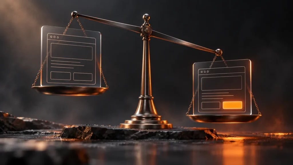 KI-Illustration zum A/B-Test: zwei Glasscheiben mit Webseiten-Varianten, dazwischen eine Metallwaage mit orangefarbenem Licht