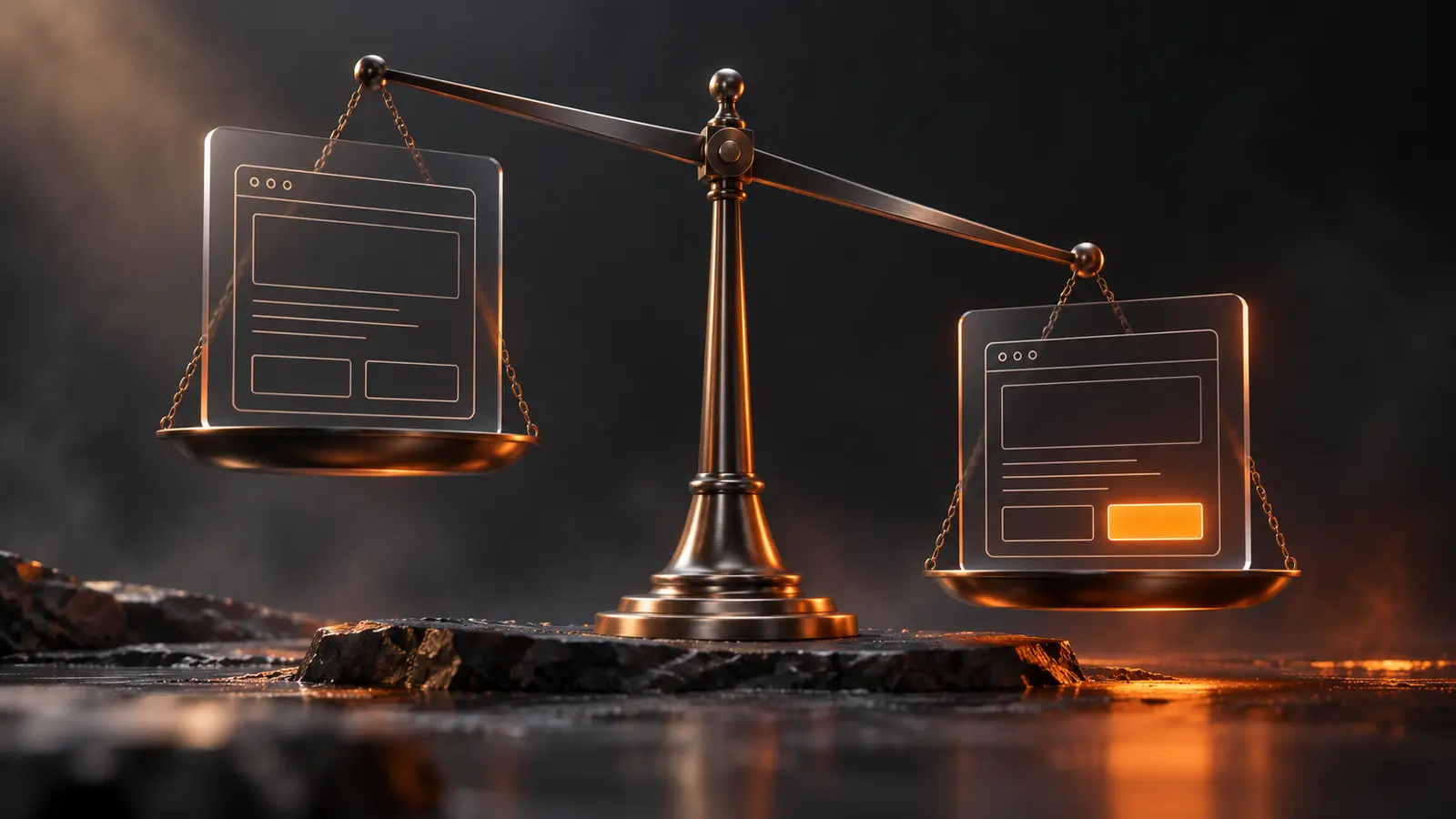 KI-Illustration zum A/B-Test: zwei Glasscheiben mit Webseiten-Varianten, dazwischen eine Metallwaage mit orangefarbenem Licht