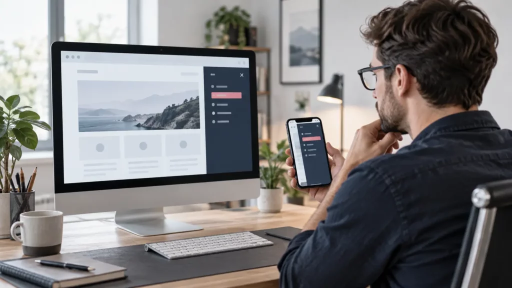Webdesigner vergleicht ein Bricks Offcanvas-Menü auf Desktop und Smartphone