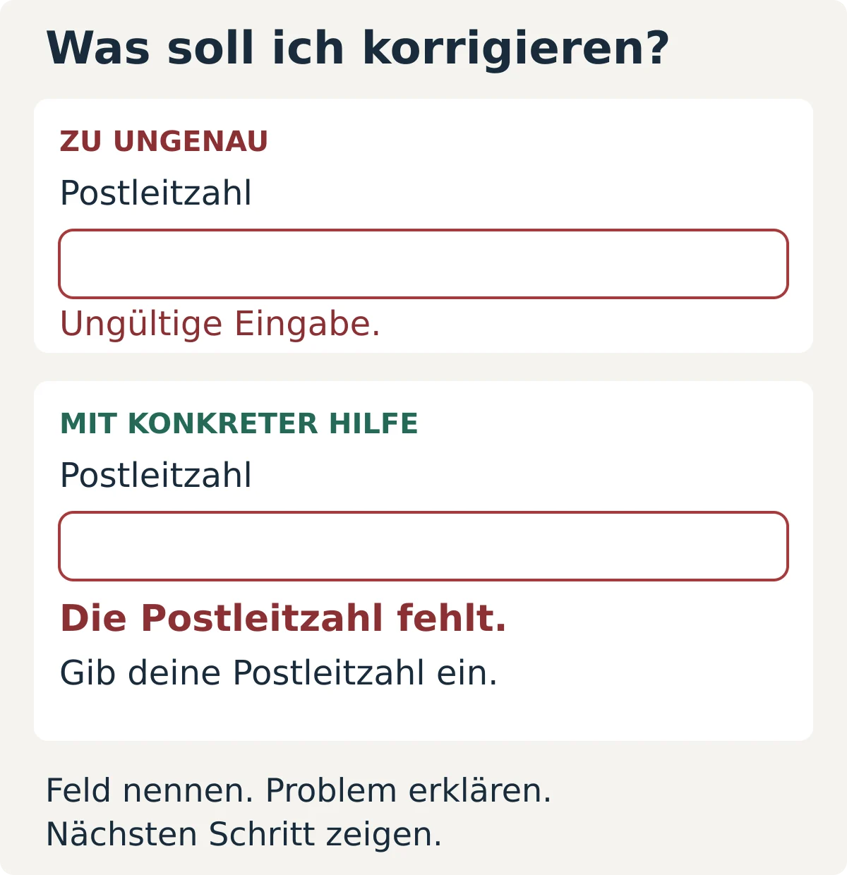 Fehlermeldungen im Checkout: konkrete Hilfe statt allgemeinem Fehler Vergleich zweier Fehlermeldungen im Checkout: oben nur „Ungültige Eingabe“, unten der Hinweis auf die fehlende Postleitzahl mit konkreter Aufforderung.