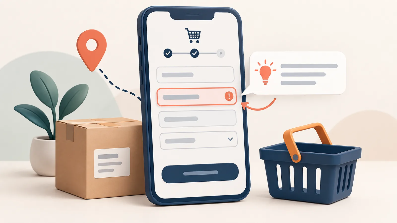 Symbolillustration zu Fehlermeldungen im Checkout: Smartphone mit markiertem Formularfeld, Hilfeblase, Paket und Einkaufskorb.