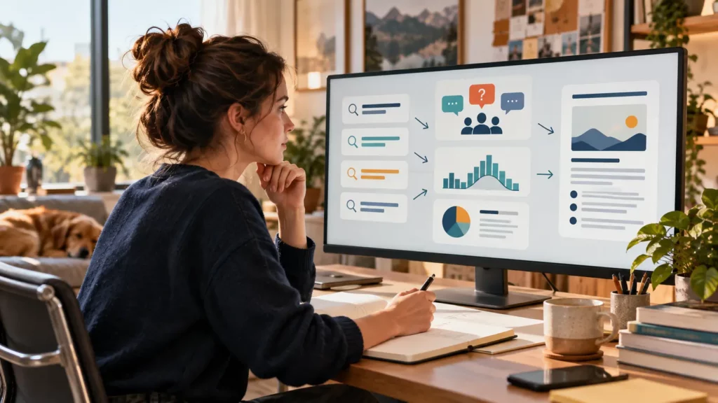 Redakteurin vergleicht Suchanfragen, Nutzerfragen und Inhaltsstruktur für die Auswahl einer Fokus-Keyphrase.