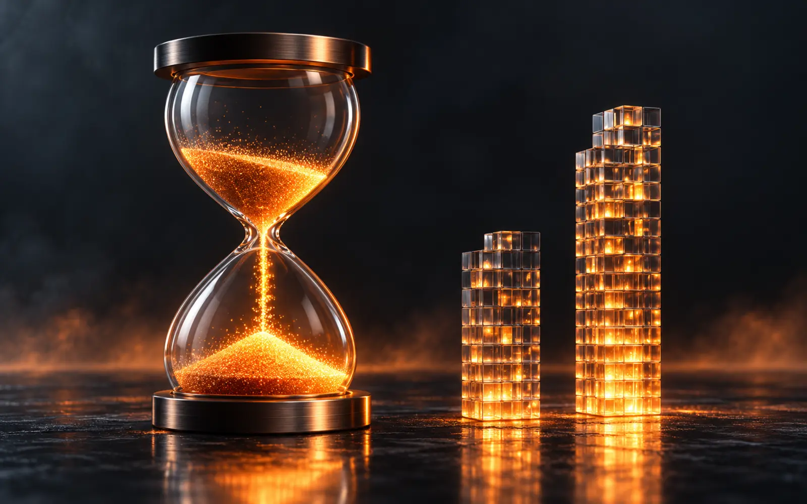 KI-Illustration: Sanduhr aus Glas und Metall mit orange leuchtendem Sand neben zwei unterschiedlich hohen Säulen aus Glaswürfeln als Symbol für gesammelte Besucher