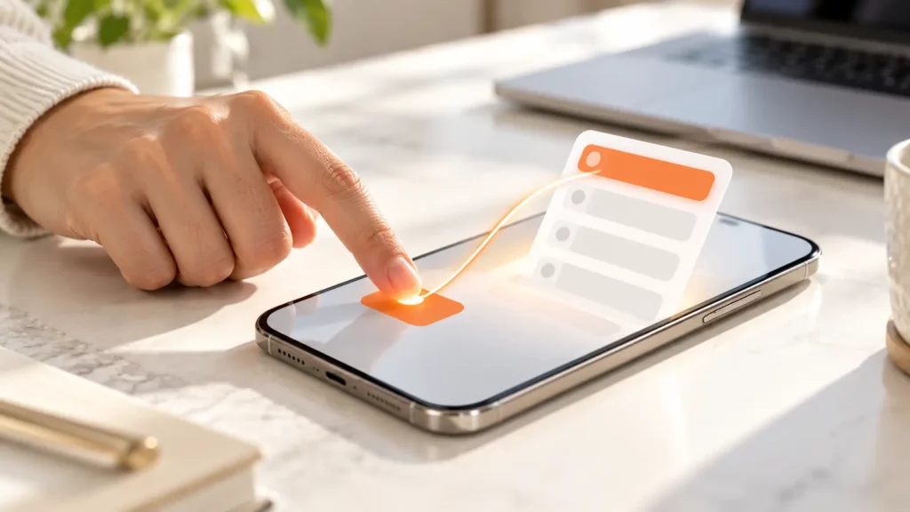 Finger tippt auf einen orangen Button auf dem Smartphone, ein Menü erscheint sofort – Sinnbild für einen guten INP-Wert