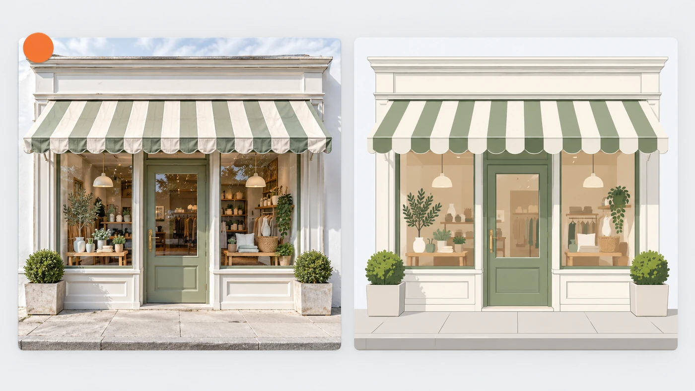 Dasselbe Ladengeschäft zweimal: links fotorealistisch mit orangem Kennzeichnungspunkt, rechts als flache Illustration ohne Kennzeichnung