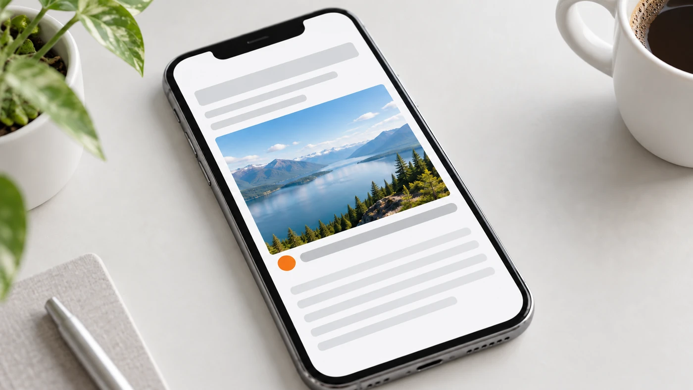 Smartphone mit Artikelansicht: Unter einem Landschaftsfoto markiert ein oranger Punkt den Kennzeichnungshinweis in der Bildunterschrift