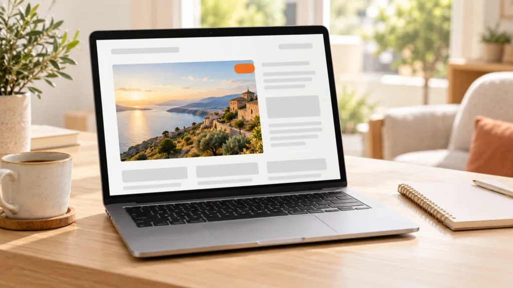 Laptop auf dem Schreibtisch zeigt eine Webseite mit Landschaftsbild und orangem Kennzeichnungs-Label in der Ecke – Sinnbild für die Kennzeichnung von KI-Inhalten