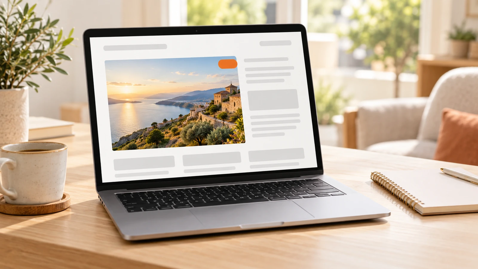 Laptop auf dem Schreibtisch zeigt eine Webseite mit Landschaftsbild und orangem Kennzeichnungs-Label in der Ecke – Sinnbild für die Kennzeichnung von KI-Inhalten