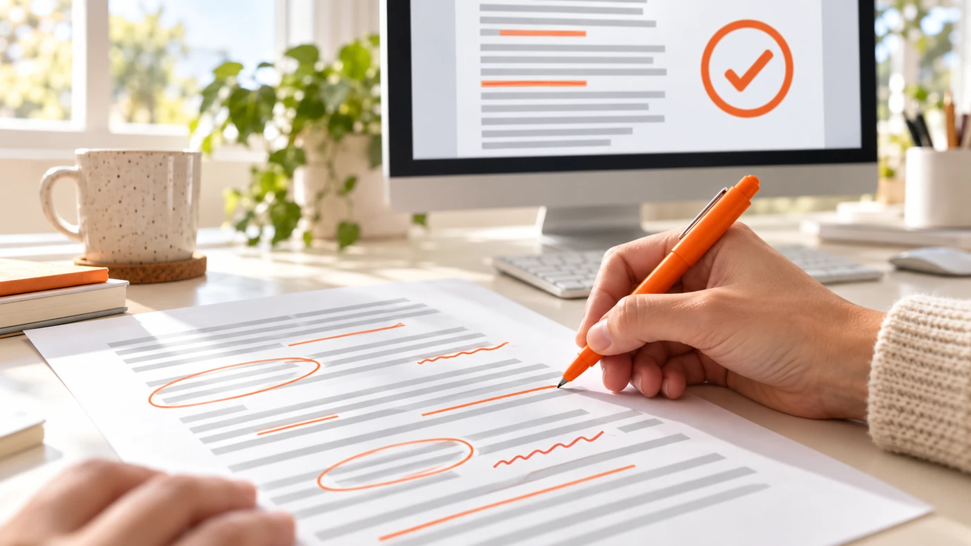 Hand korrigiert einen ausgedruckten Text mit orangem Stift, im Hintergrund zeigt der Monitor ein Freigabe-Häkchen – redaktionelle Prüfung eines KI-Textes