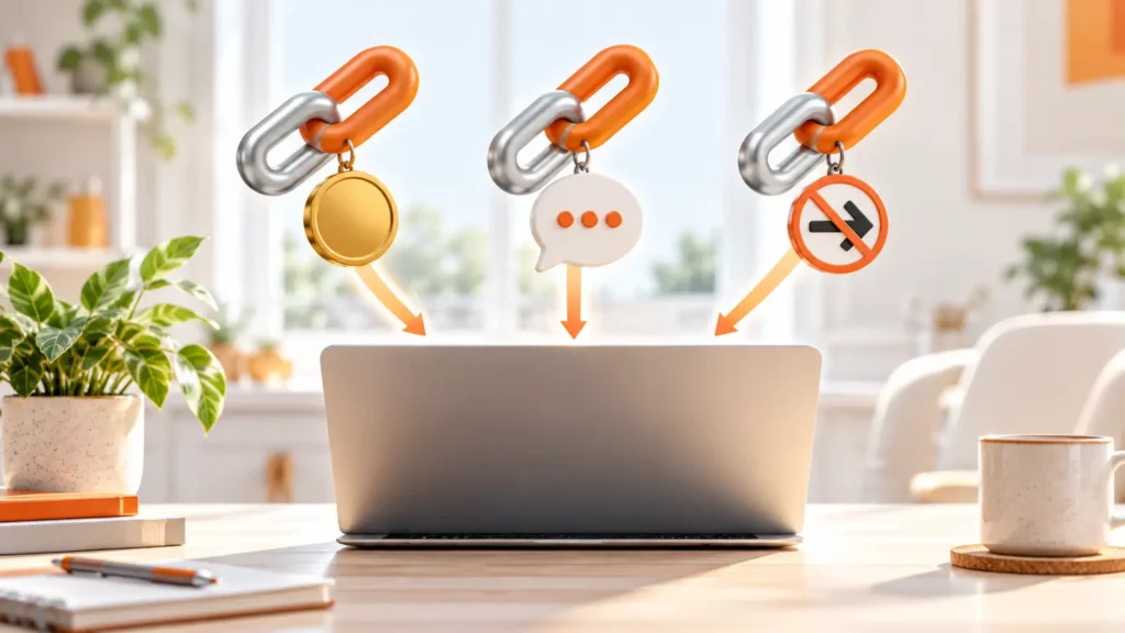 Drei Kettenglieder als Link-Symbole mit Münze, Sprechblase und Verbotszeichen über einem Laptop – Sinnbild für die Link-Attribute sponsored, ugc und nofollow