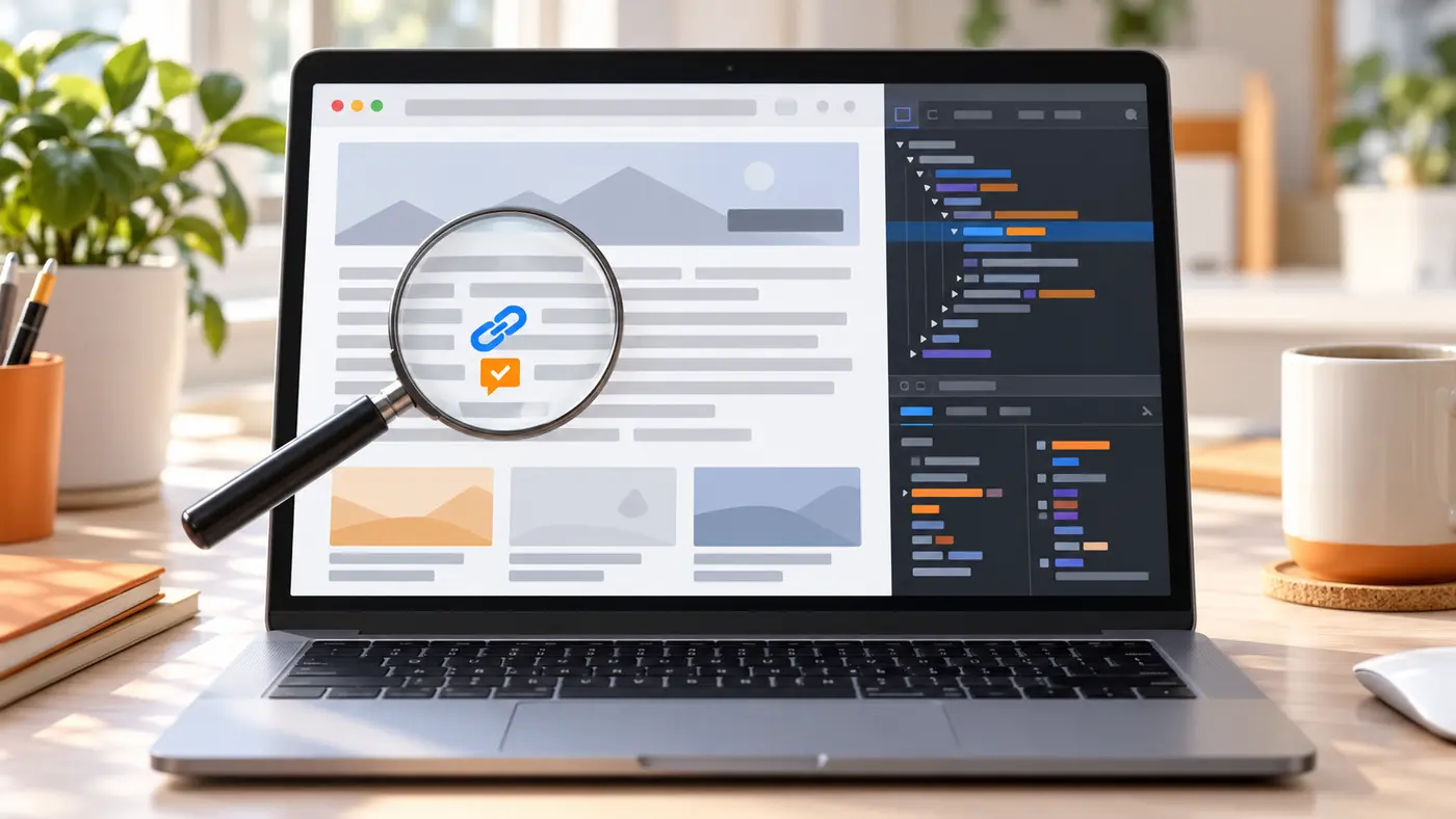 Laptop mit Webseite und geöffneten Entwicklertools, eine Lupe hebt einen Link mit Häkchen hervor – Prüfung des rel-Attributs im Quelltext