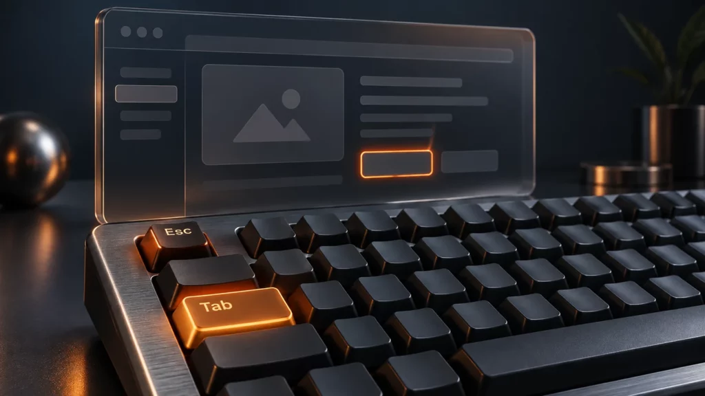Symbolische Tastatur mit beleuchteten Tab- und Esc-Tasten vor einer Oberfläche mit orange markiertem Fokus.