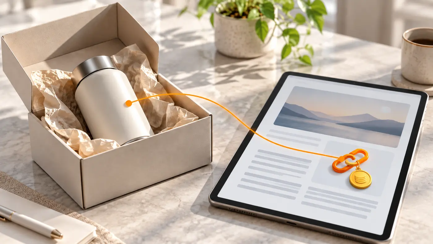 Geöffnetes Paket mit Testprodukt, verbunden durch eine orange Linie mit einem Link-Symbol samt Münze in einem Artikel auf dem Tablet