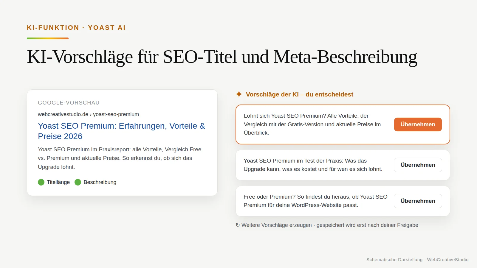 Google-Vorschau eines Beitrags neben drei KI-Vorschlägen von Yoast AI für die Meta-Beschreibung mit Übernehmen-Schaltflächen