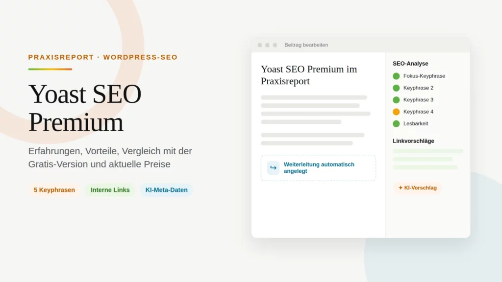 Schematischer WordPress-Editor mit Yoast SEO Premium: SEO-Ampel für mehrere Keyphrasen, Linkvorschläge und KI-Vorschlag