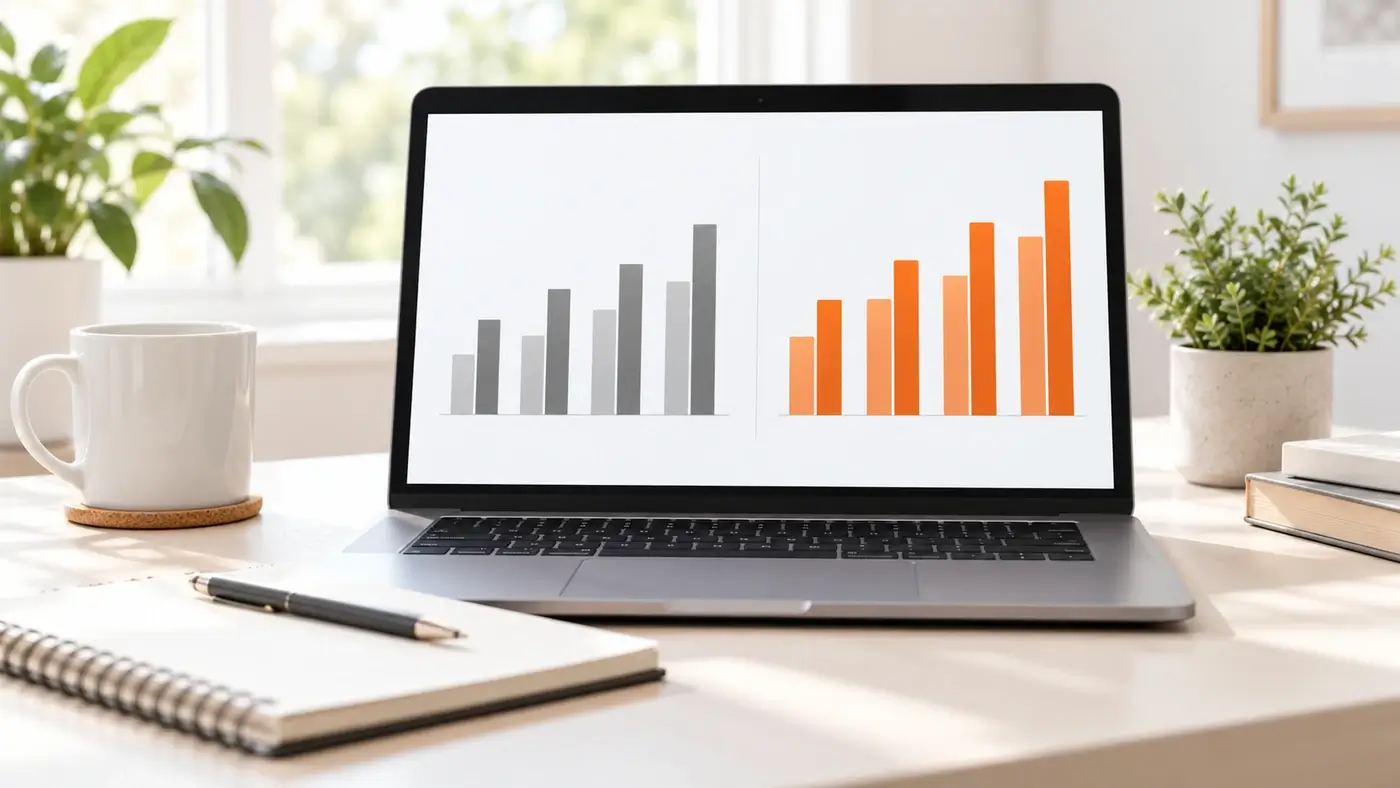 Laptop mit Balkendiagramm, graue Balken für den Zeitraum vorher und orangefarbene Balken für den Zeitraum mit Angeboten