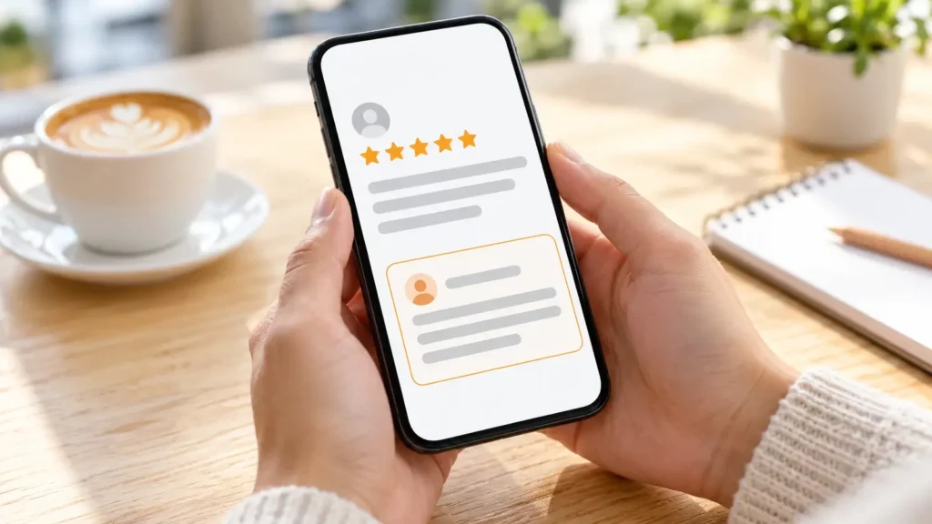 Hand hält ein Smartphone mit einer Fünf-Sterne-Rezension und dem Antwortfeld des Unternehmens