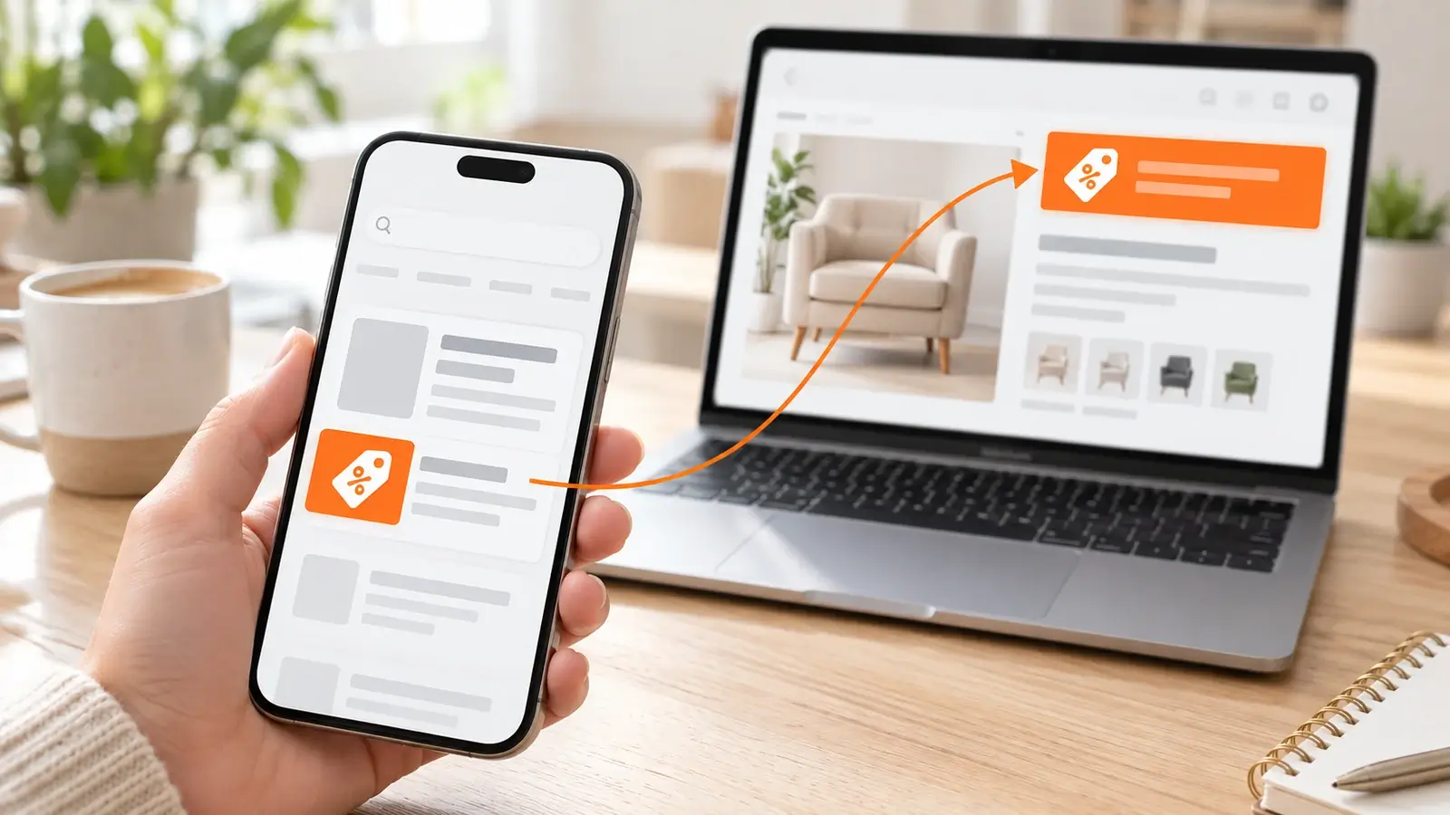 Smartphone mit Suchanzeige und orangefarbenem Rabatt-Hinweis, dahinter ein Laptop mit der Aktionsseite des Shops