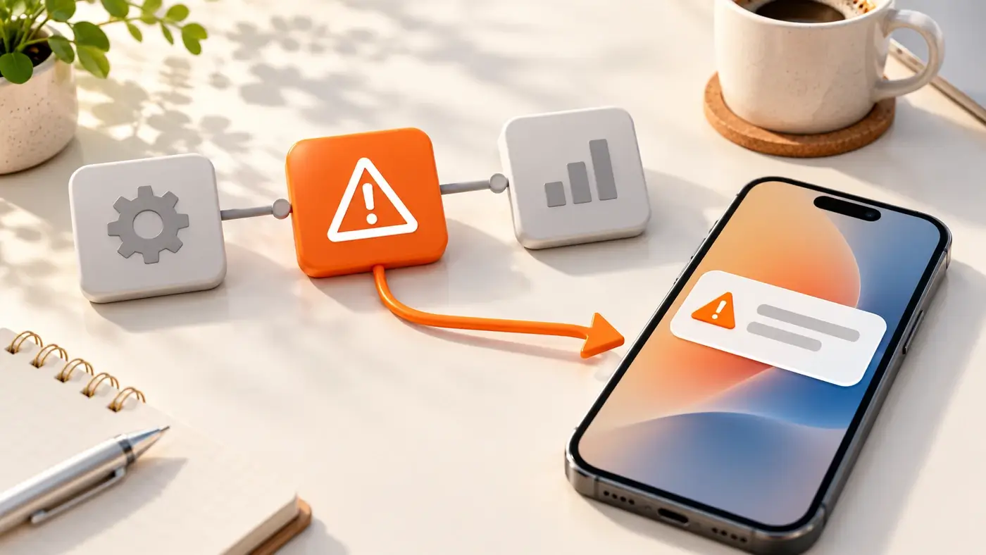 Ablauf aus drei Kacheln mit orangefarbenem Warnsymbol, ein Pfeil führt zu einer Benachrichtigung auf dem Smartphone