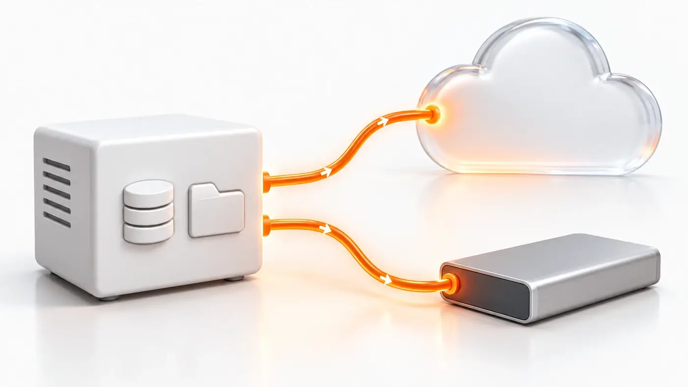 Server mit zwei orangefarbenen Leitungen zu einer Cloud und einer externen Festplatte als getrennte Sicherungsorte