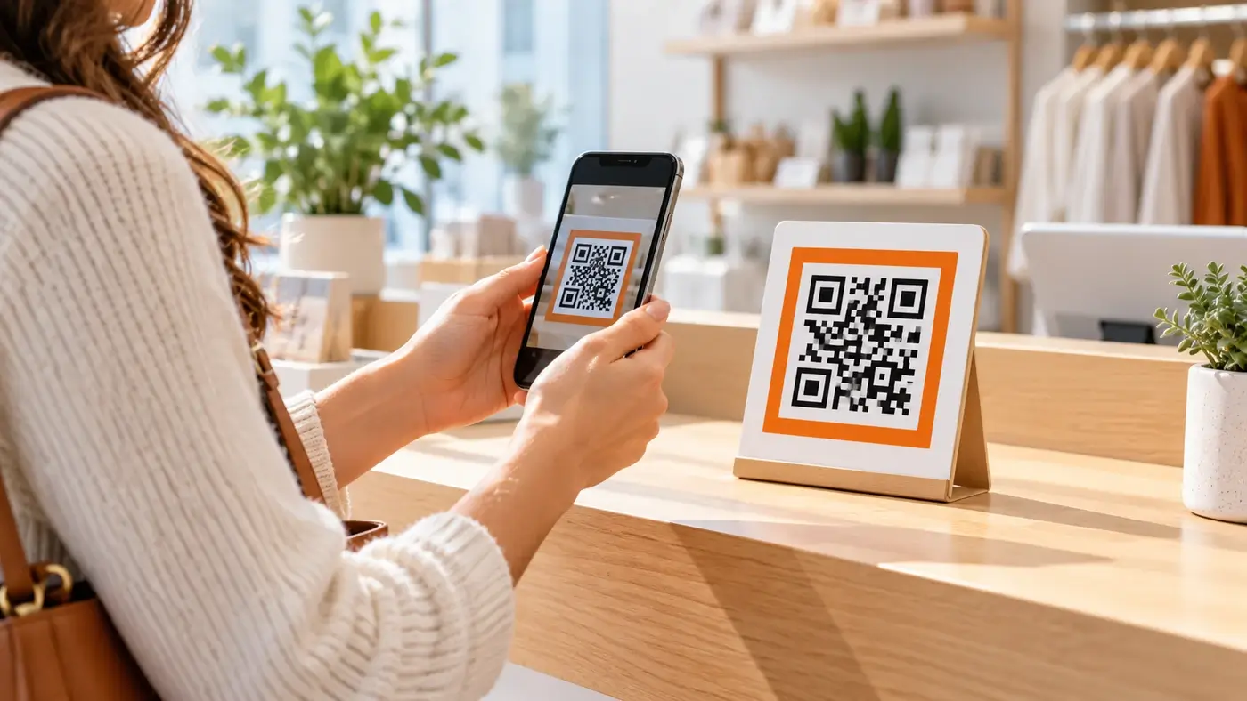 Kundin scannt an der Ladentheke einen QR-Code für Google-Bewertungen mit dem Smartphone