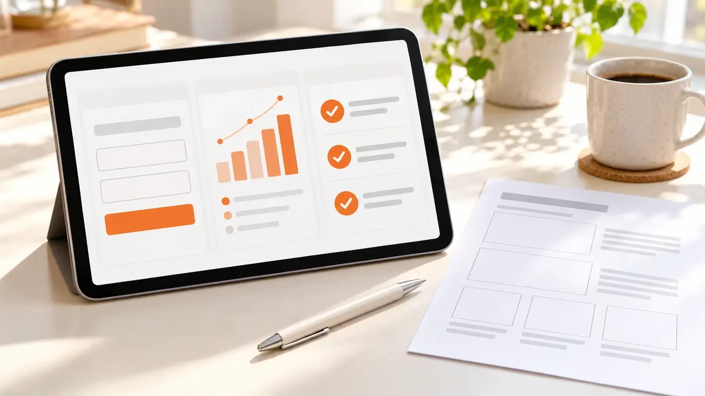 Tablet mit Checkliste und Diagramm neben einer ausgedruckten Inhaltsvorlage auf dem Schreibtisch