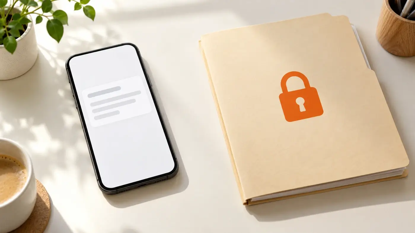Smartphone mit Antworttext neben einer verschlossenen Kundenakte mit orangefarbenem Schloss-Symbol