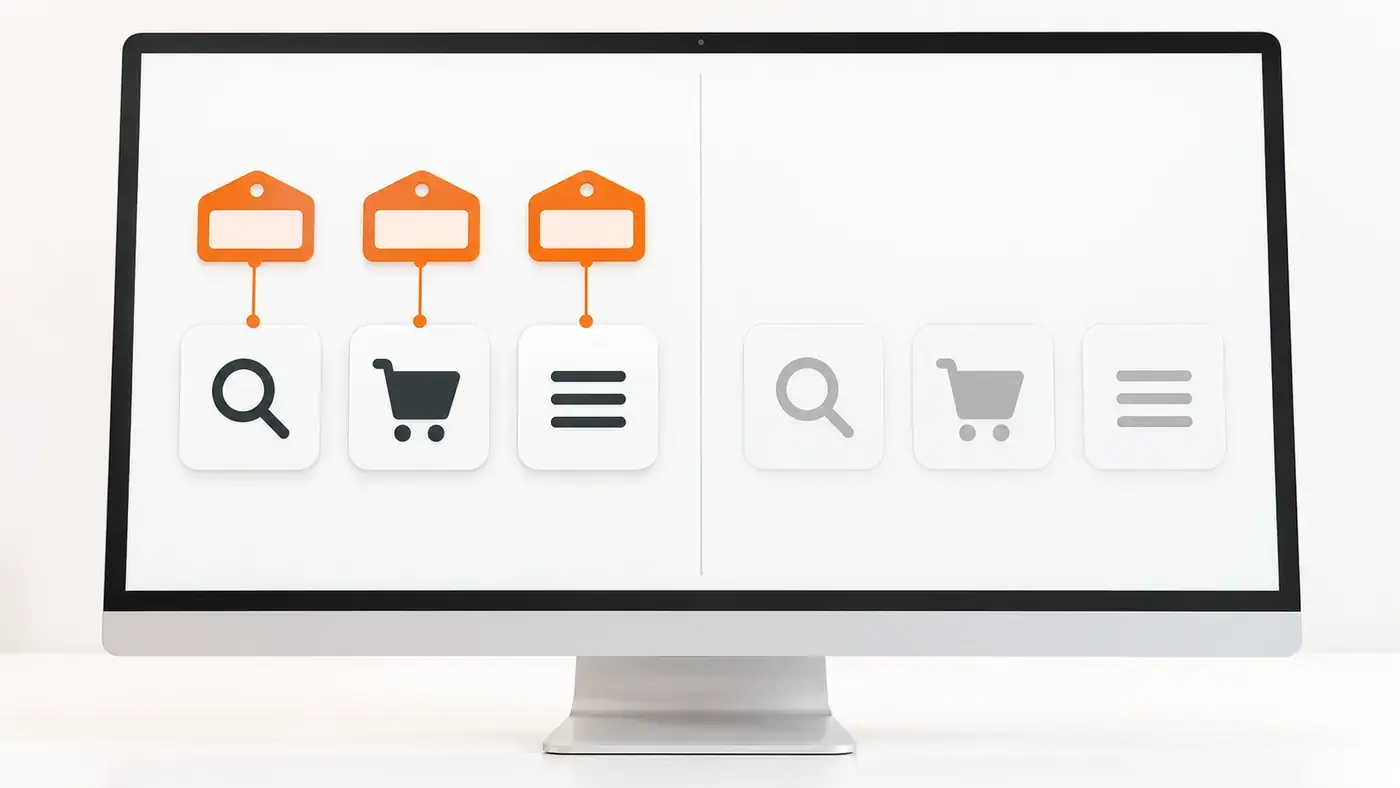 Bildschirm mit Symbol-Buttons für Suche, Warenkorb und Menü – links mit Namensschildern, rechts ohne Beschriftung