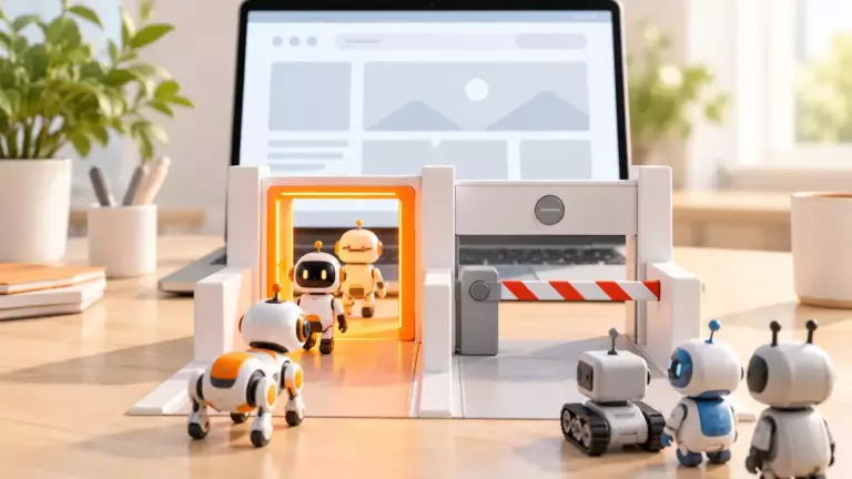 Laptop mit Website, davor eine orangefarbene Schranke als Filter, an der kleine Roboter-Figuren aufgehalten oder durchgelassen werden