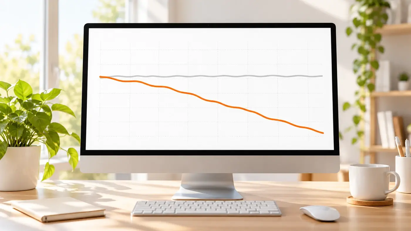 Monitor mit Liniendiagramm: Die Impressionen bleiben stabil, während die Klicks deutlich sinken