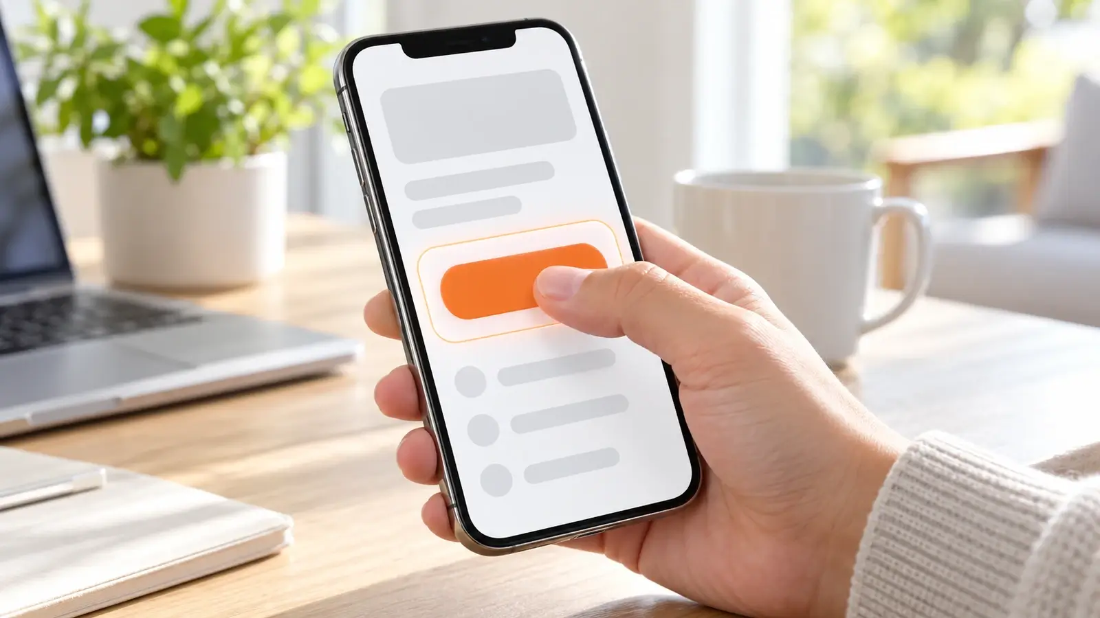 Hand hält ein Smartphone, der Daumen tippt auf einen großen orangen Button mit hervorgehobener Trefferfläche