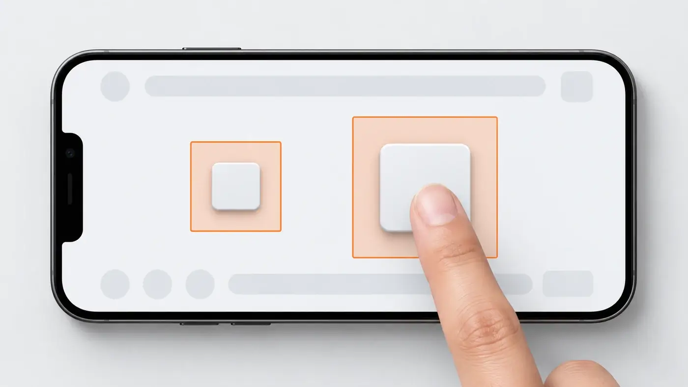 Smartphone im Querformat mit zwei Buttons und orange markierter Trefferfläche: links eine kleine, rechts eine große, auf die ein Finger tippt