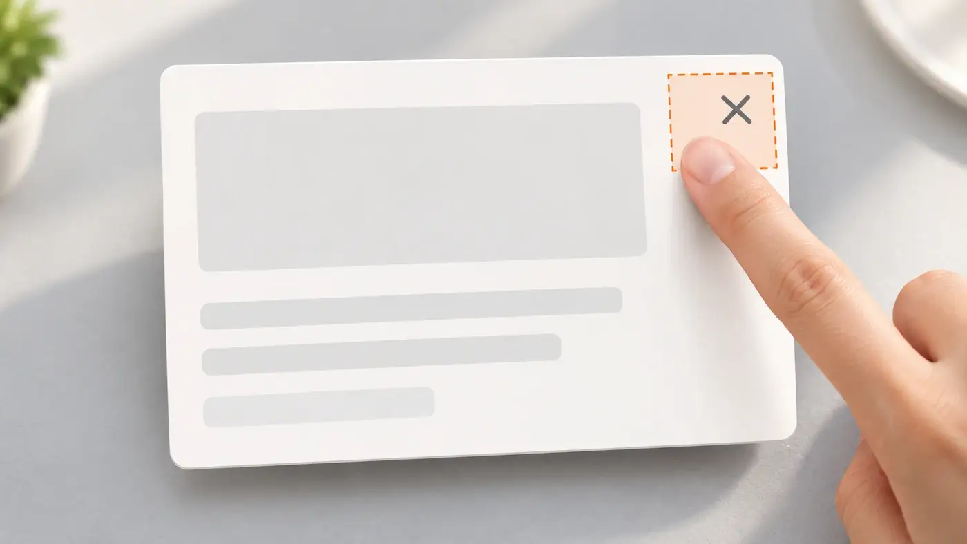 Finger tippt auf das Schließen-Kreuz einer Hinweiskarte, um das kleine Symbol ist eine größere orange Trefferfläche gestrichelt markiert