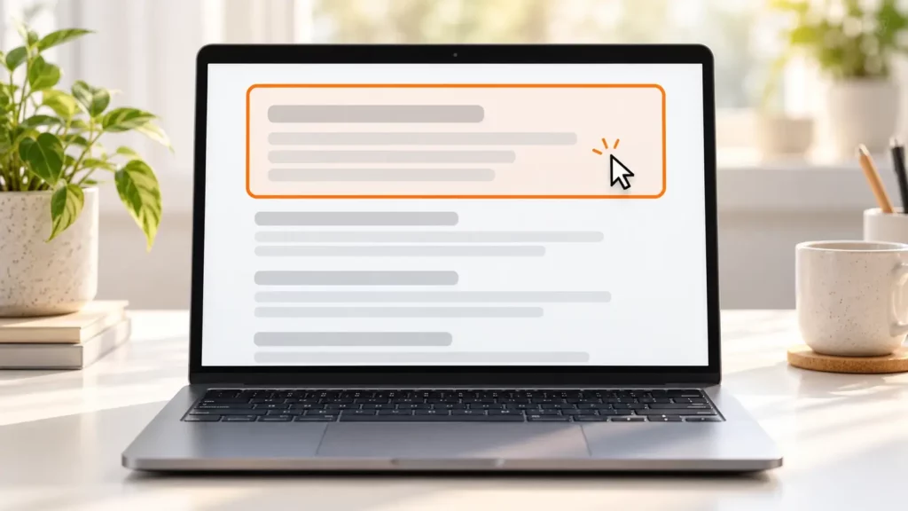 Laptop mit Google-Suchergebnisseite, auf der eine KI-Übersicht über den organischen Treffern markiert ist