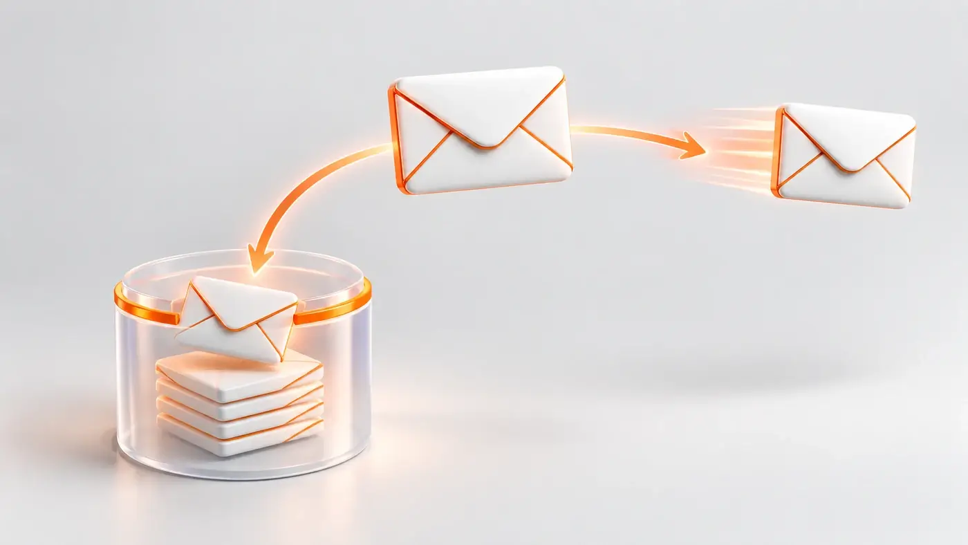 Briefumschlag wird weitergeleitet, während eine Kopie in einem Datenbank-Zylinder mit orangefarbenem Rand abgelegt wird