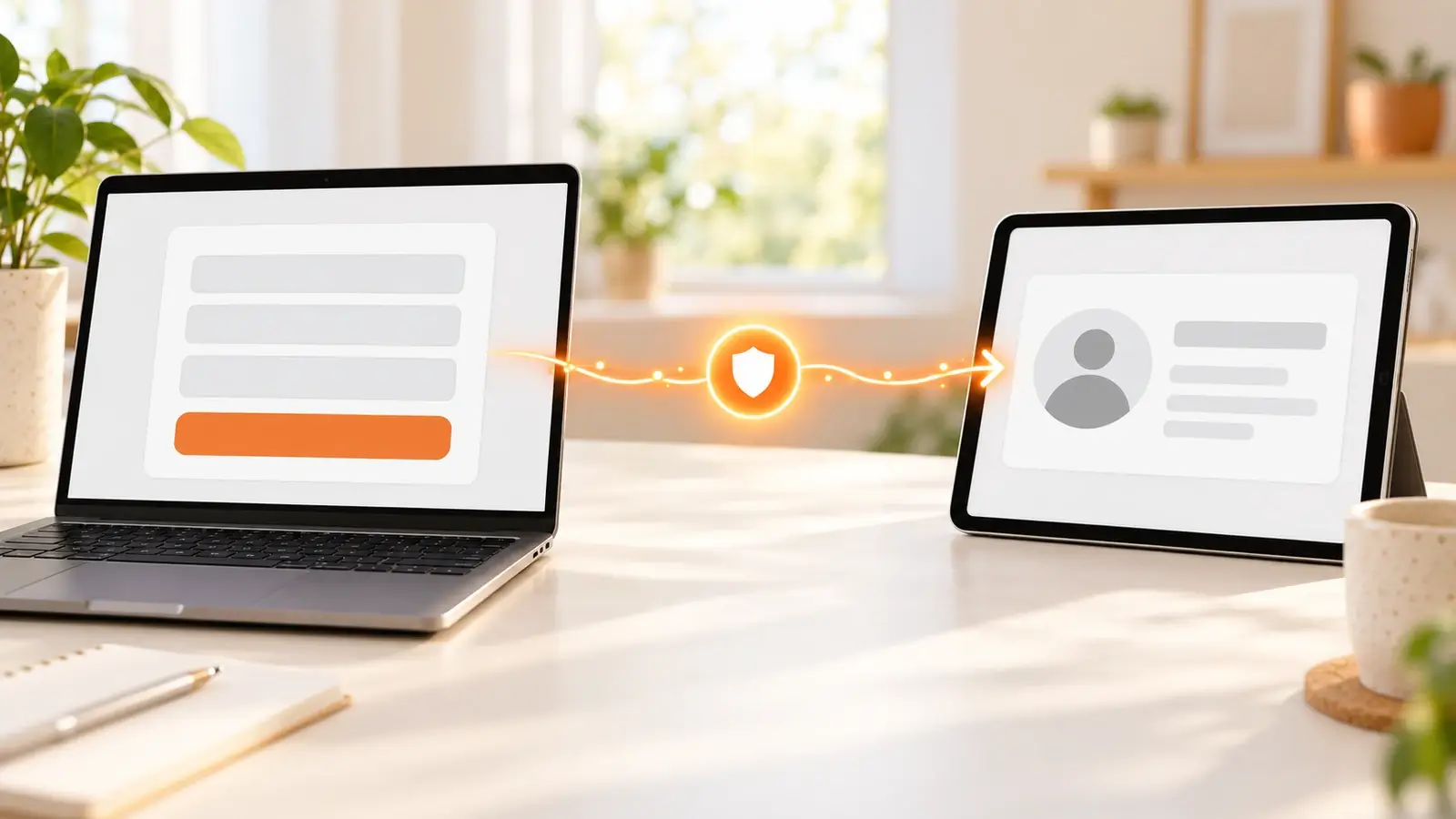 Laptop mit Kontaktformular, eine orangefarbene Linie führt über einen Webhook-Knoten zu einem Tablet mit Kontaktkarte im CRM