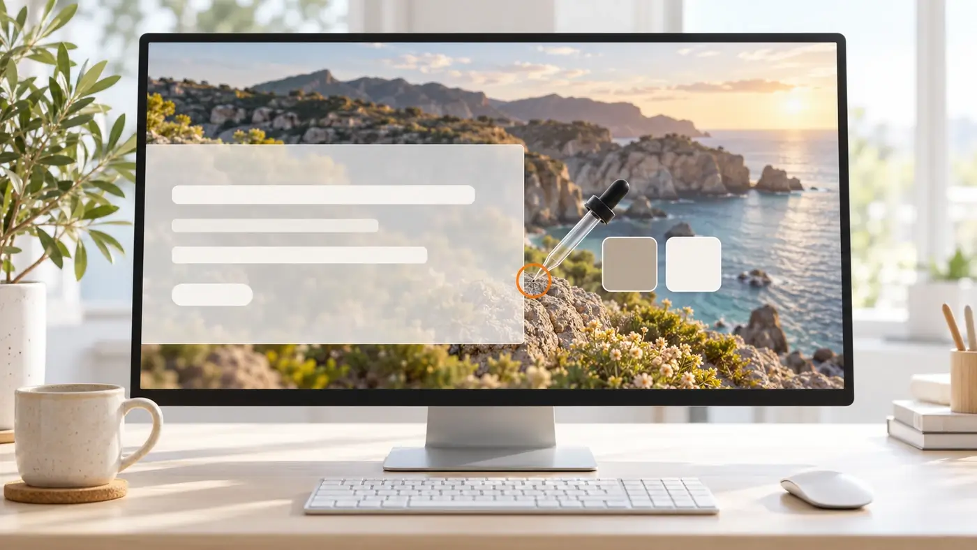 Monitor mit Text auf einem Küstenfoto, eine Pipette misst den Kontrast zwischen Schrift und Hintergrundbild