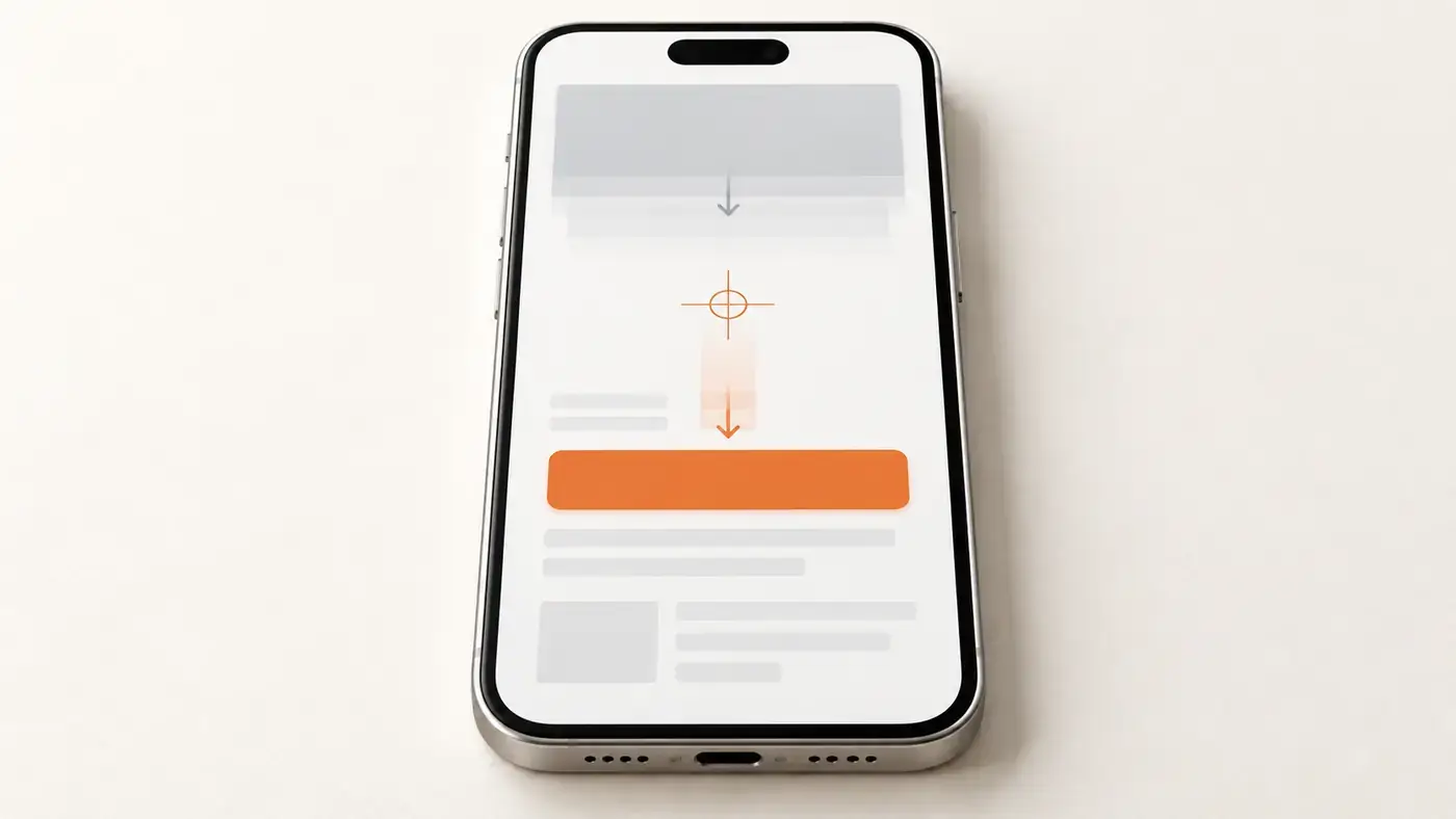 Smartphone mit Webseite, deren orangefarbener Button beim Laden nach unten verrutscht – Layout-Verschiebung