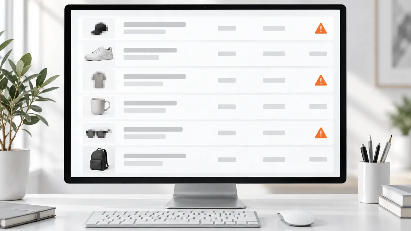 Monitor mit Produktliste, bei mehreren Produkten zeigt ein orangefarbenes Warndreieck ein zu kleines Bild an