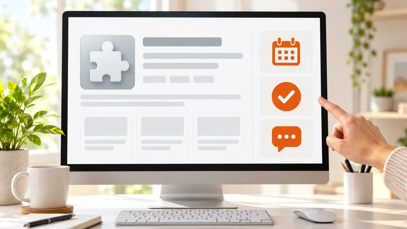 Monitor mit einer Plugin-Seite, Finger zeigt auf Symbole für Aktualisierungsdatum, Kompatibilität und Support