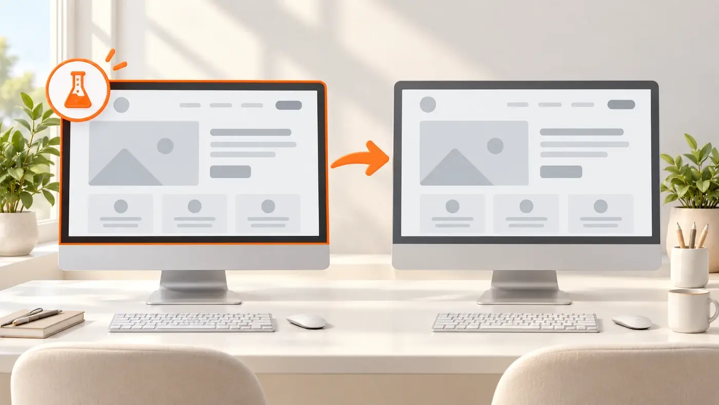 Zwei Monitore mit derselben Website, links die Testumgebung mit Laborkolben-Symbol, Pfeil zur Live-Seite rechts