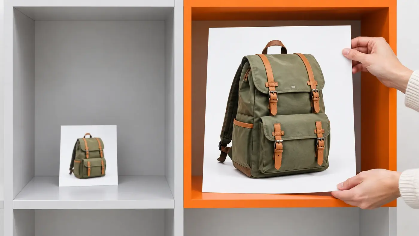 Zwei Regalfächer: links ein kleines Rucksackbild, rechts wird ein großes neues Rucksackfoto in ein orange umrandetes Fach gestellt