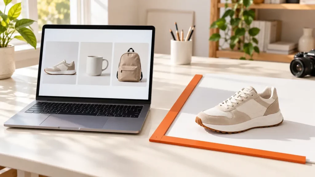 Laptop mit Produktraster eines Shops, daneben ein Turnschuh auf weißer Fläche mit orangefarbenem Maßwinkel